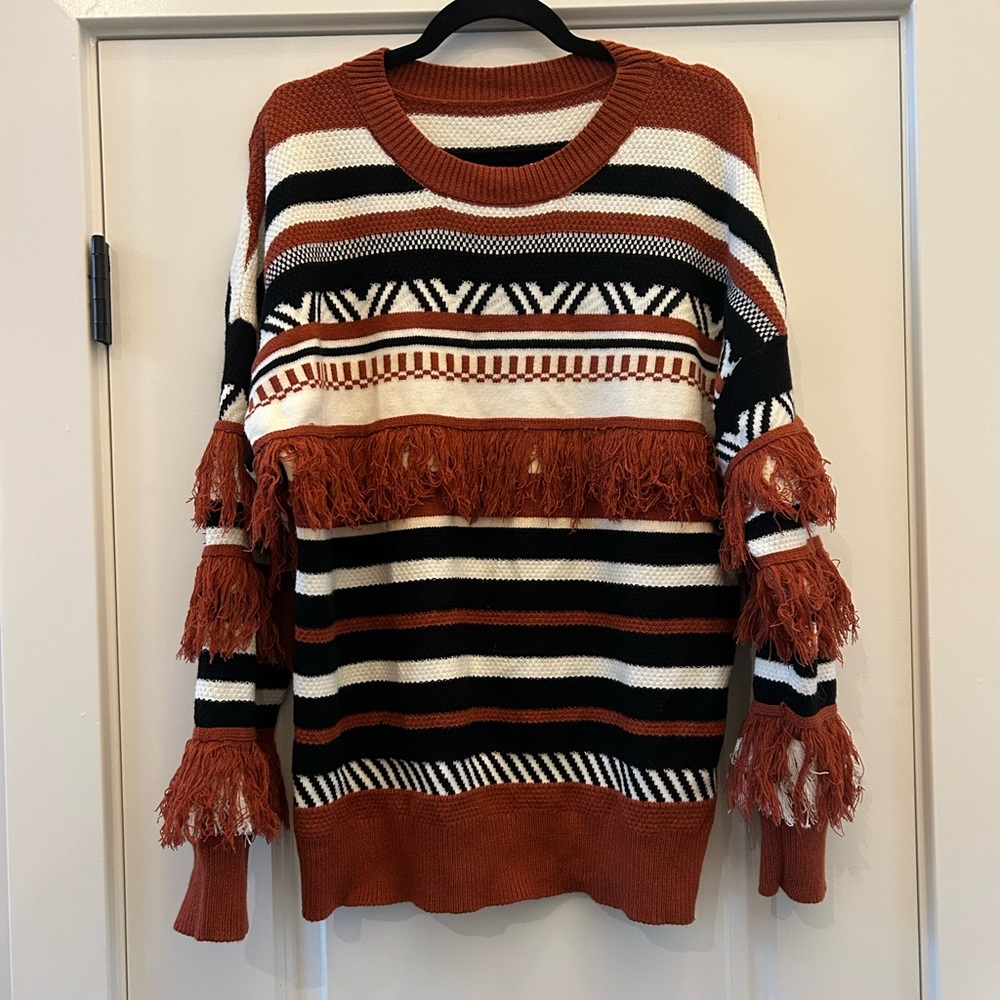 Boutique Fringe Striped Sweater Sz L